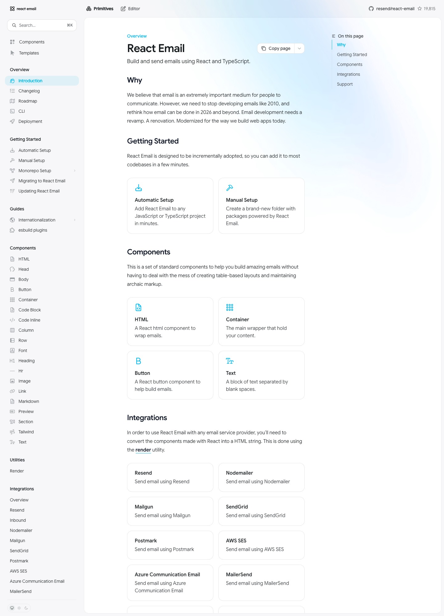 React Email 公式ドキュメントのトップページ、2026年10月の取得画面