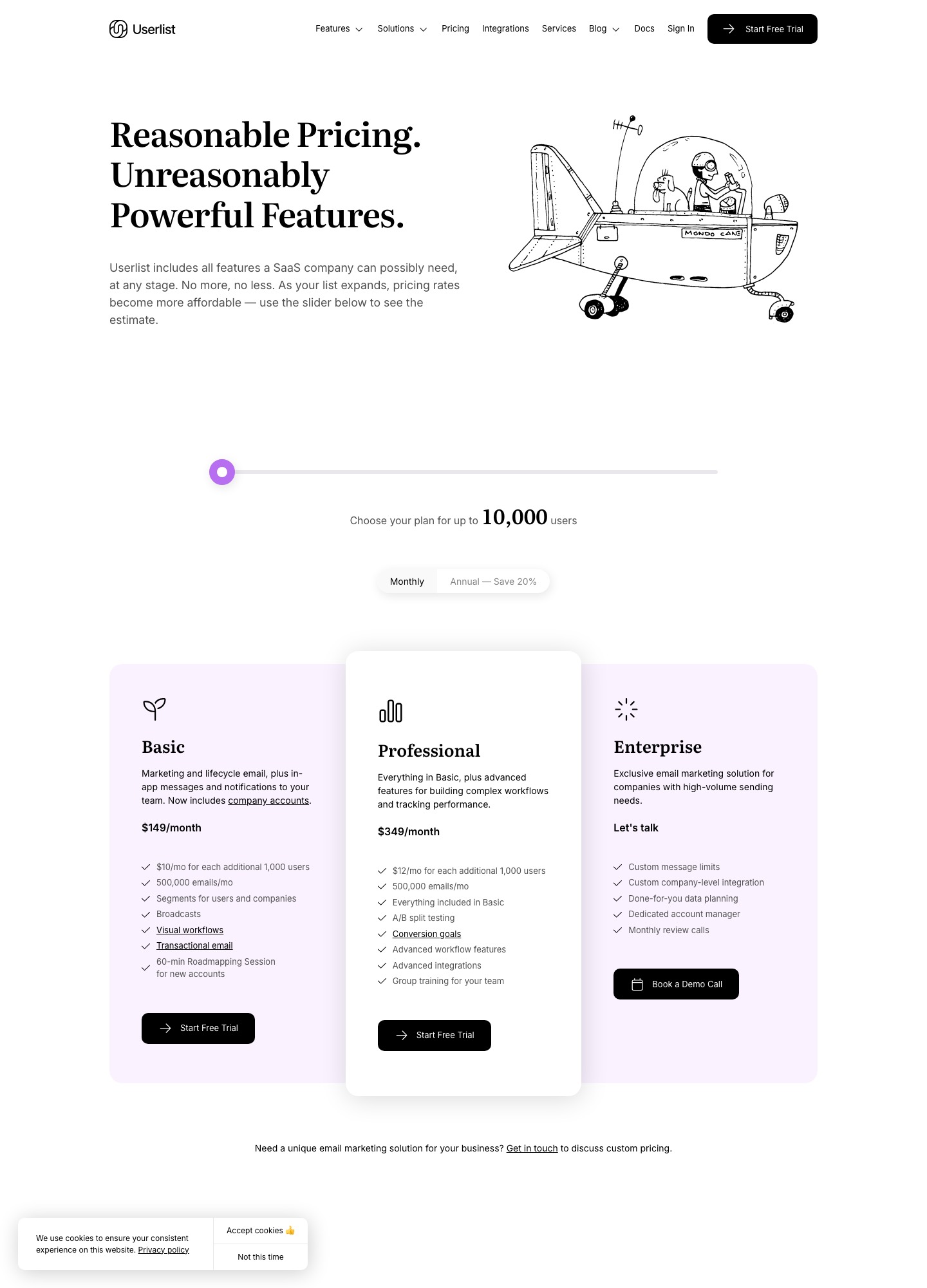 Userlist pricing page, captured Oct 2026, slider at 10,000 users showing Basic $149 and Professional $349